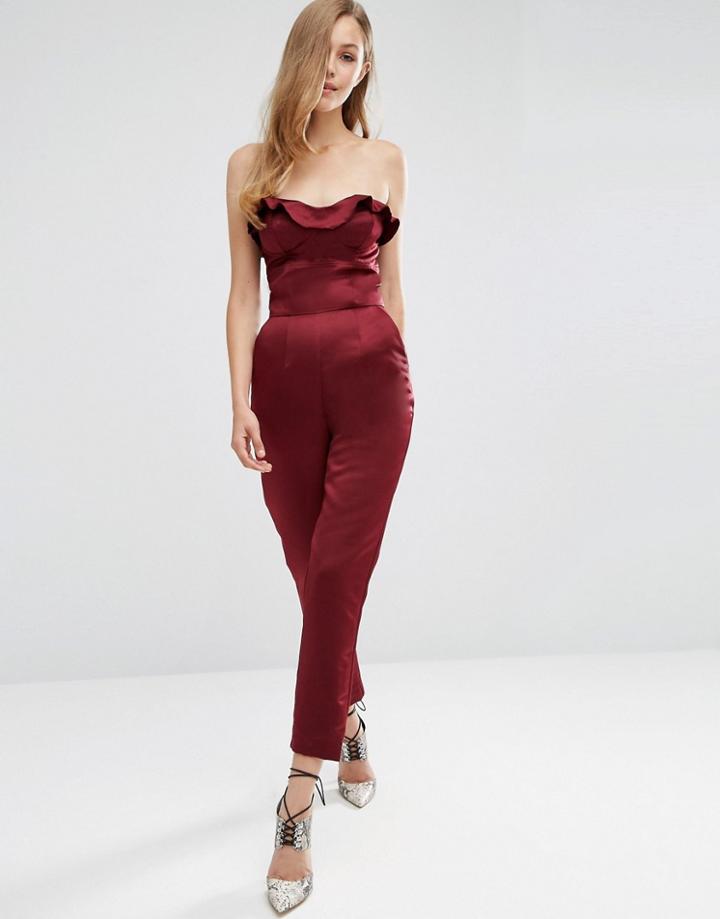 Asos Satin Ruffle Bandeau Jumpsuit - Red