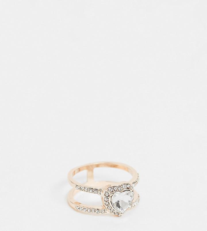 Asos Design Curve Ring With Heart Crystal In Rose Gold Tone-copper