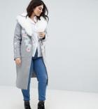 Dolly & Delicious Plus Premium Embroidered Oversized Peacoat With Fluffy Collar Detail - Gray