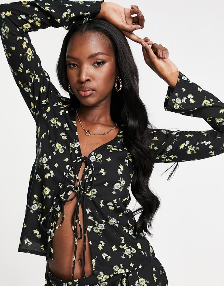 Motel Tie Front Long Sleeve Top In Lemon Black Floral - Part Of A Set-multi