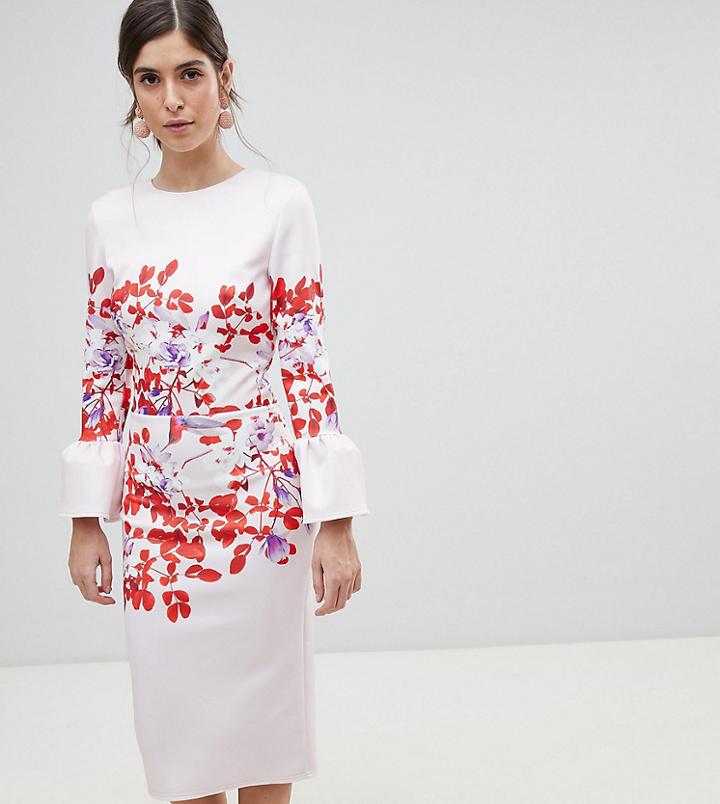 True Violet Pencil Dress With Frill Sleeve And Placement Print - Multi