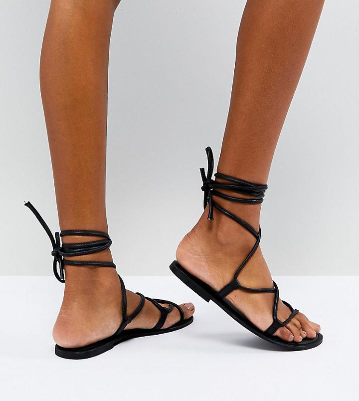 Asos Flow Leather Tie Leg Flat Sandals - Black