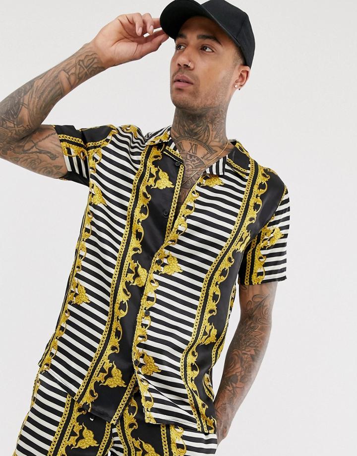 Urban Threads Satin Revere Collar Shirt In Stripe Baroque Print - Multi