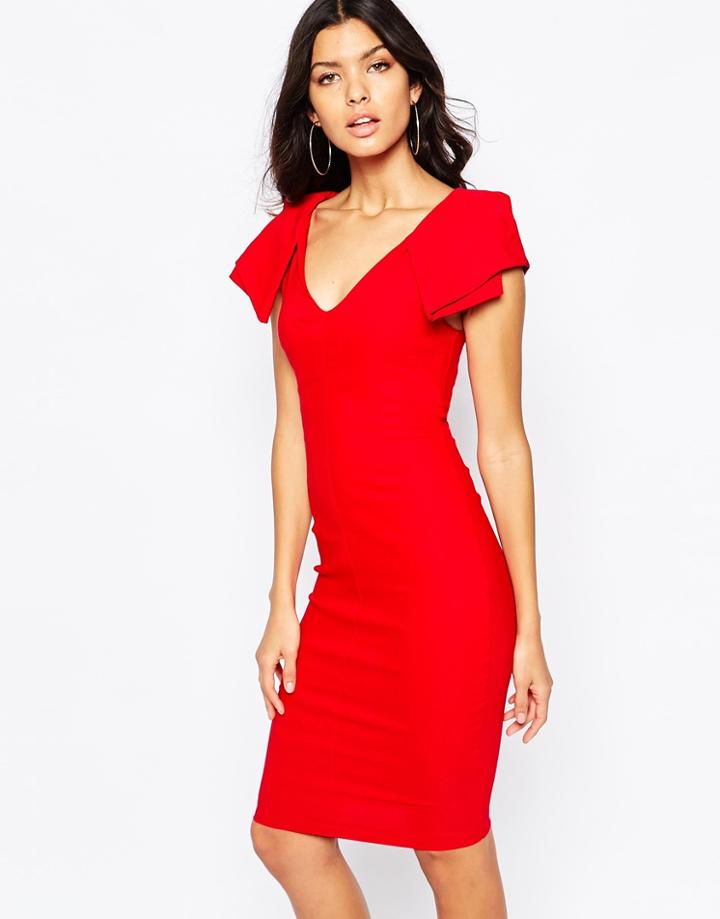Vesper Origami Detail Plunge Front Midi Dress - Ruby Red