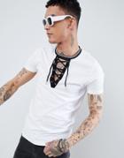 Asos Design Longline T-shirt With Contrast Deep Lace Up Neck With Tipping In White - White