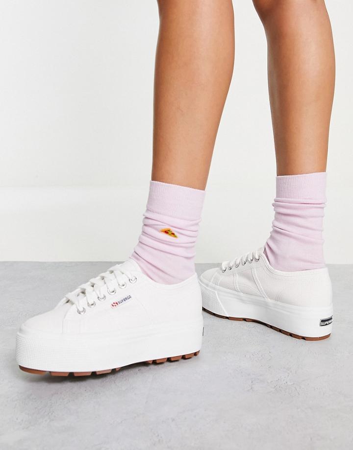 Superga 2790 Tank Flatform Sneakers With Gold Eyelets In White Canvas