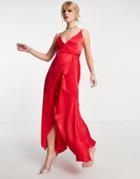 Flounce London Wrap Front Midi Dress In Red Satin
