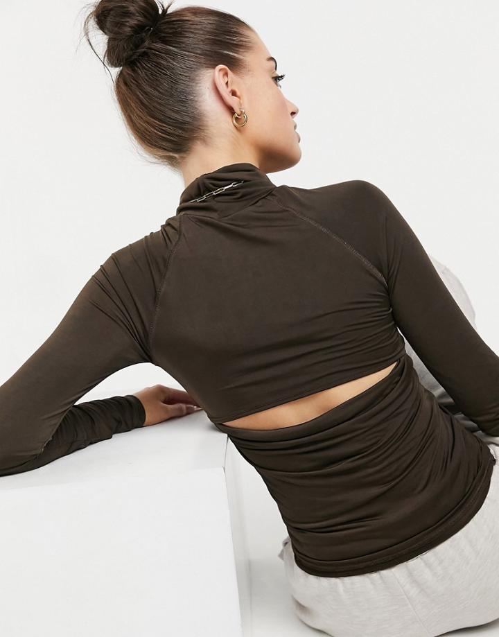 Asos 4505 Long Sleeve High Neck Top With Back Cut Out Detail-brown