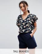 Y.a.s Tall Shanti Floral Print Ruffle Sleeve Blouse - Navy