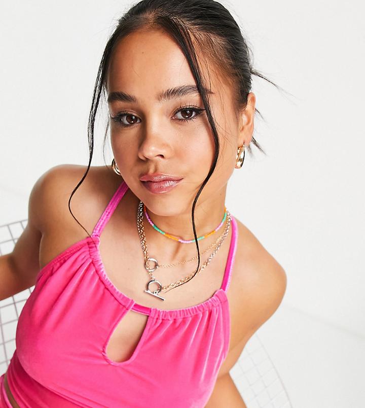 Collusion Velvet 90s Keyhole Cami Set In Neon Pink
