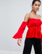Asos Sweetheart Satin Top With Off Shoulder Detail - Red