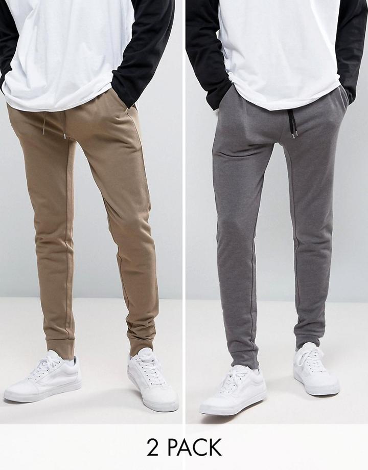 Asos Super Skinny Joggers 2 Pack Brown/charcoal Marl Save - Multi