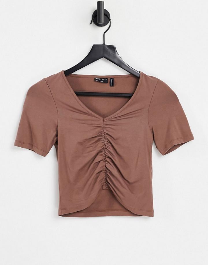 Asos Design V Neck Crop Top With Ruched Front In Brown