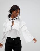 Influence Frill Front Top With Tie Detail - White