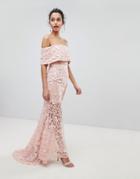 Jarlo All Layered Bardot All Over Embroidered Lace Maxi Dress - Pink
