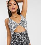 Asos Design Tall Twist Front Cut Out Swimsuit In Mixed Mono Spot Print - Multi
