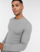 Asos Design Muscle Fit Basket Stitch Crewneck Sweater In Light Gray-grey