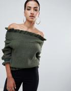 Ax Paris Off Shoulder Frill Detail Sweater - Green