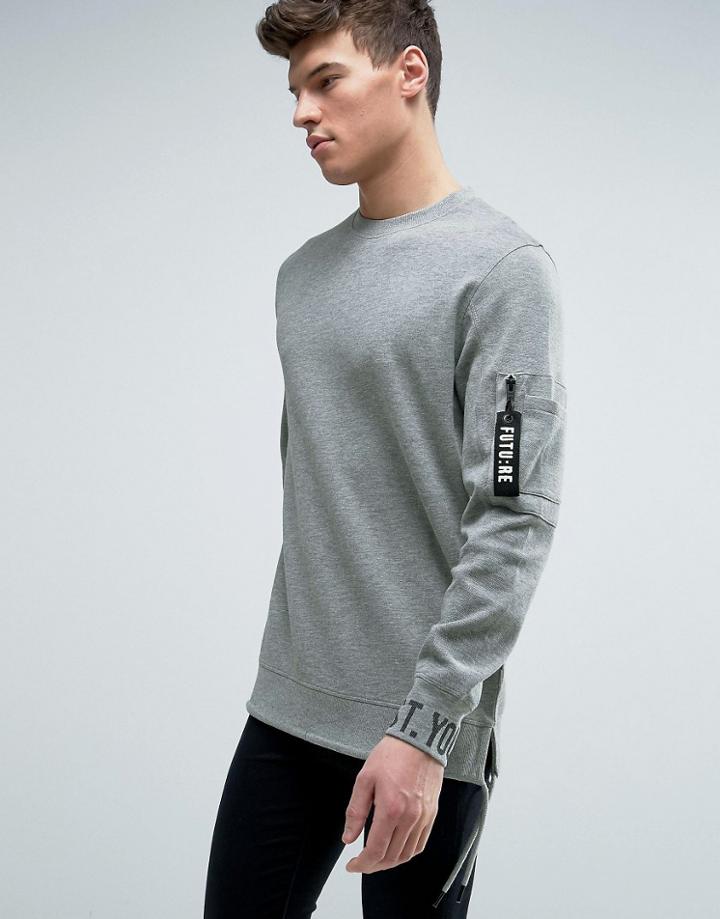 Jack & Jones Core Longline Sweatshirt With Cuff Print And Arm Pocket - Gray