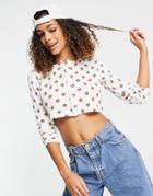 Daisy Street Long Sleeve Top In Strawberry Print Waffle-white