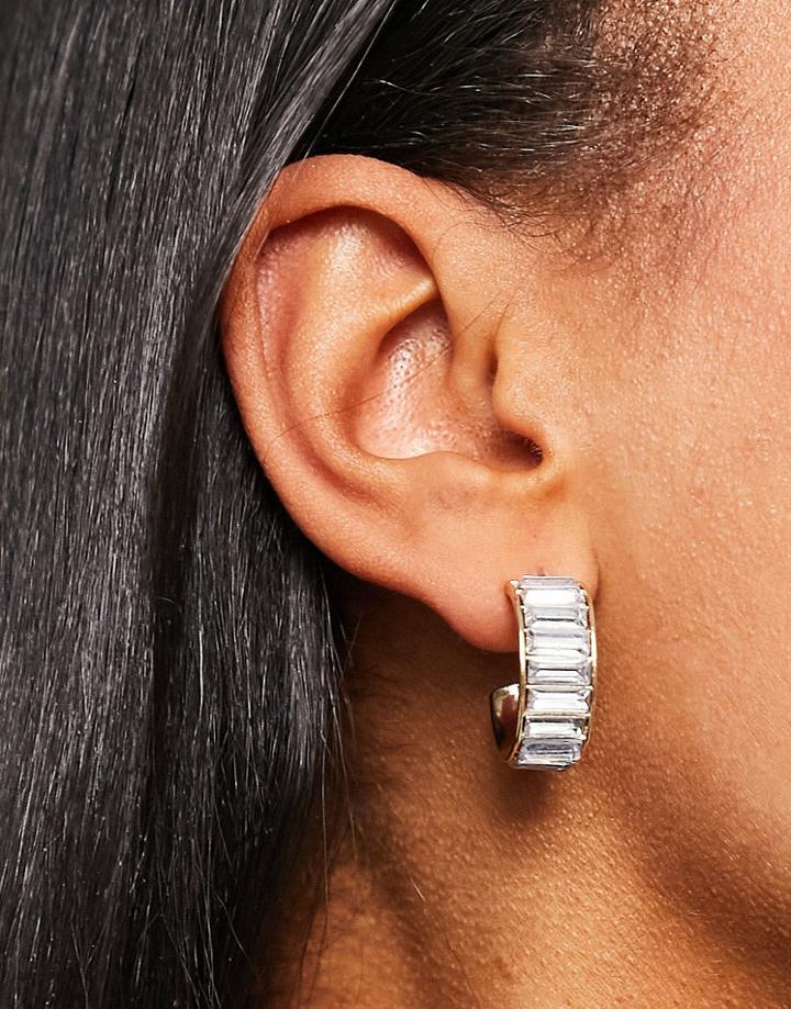 Asos Design Hoop Earrings With Set In Baguette Design In Gold Tone