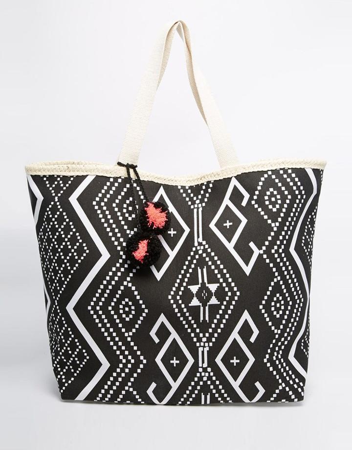 South Beach Straw Bag In Geo-tribal Print - Black And White