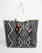 South Beach Straw Bag In Geo-tribal Print - Black And White