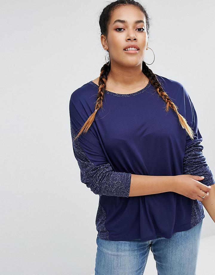Asos Curve Contrast Marl T-shirt With Long Sleeves - Navy