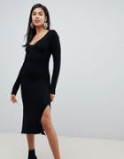 Asos Design Midi Dress With V-neck In Rib Knit-black