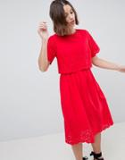 Asos Design Broderie Double Layer Skater Midi Dress - Red