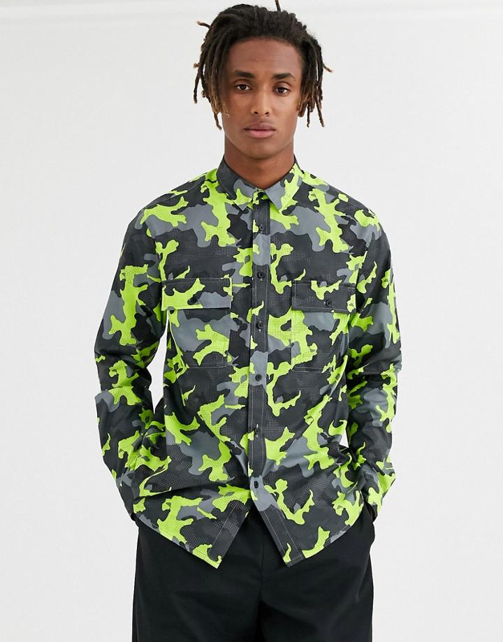 Asos Design Regular Shirt In Neon Camouflage-green