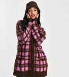 Asos Design Tall Longline Cardi In Check Pattern In Brown