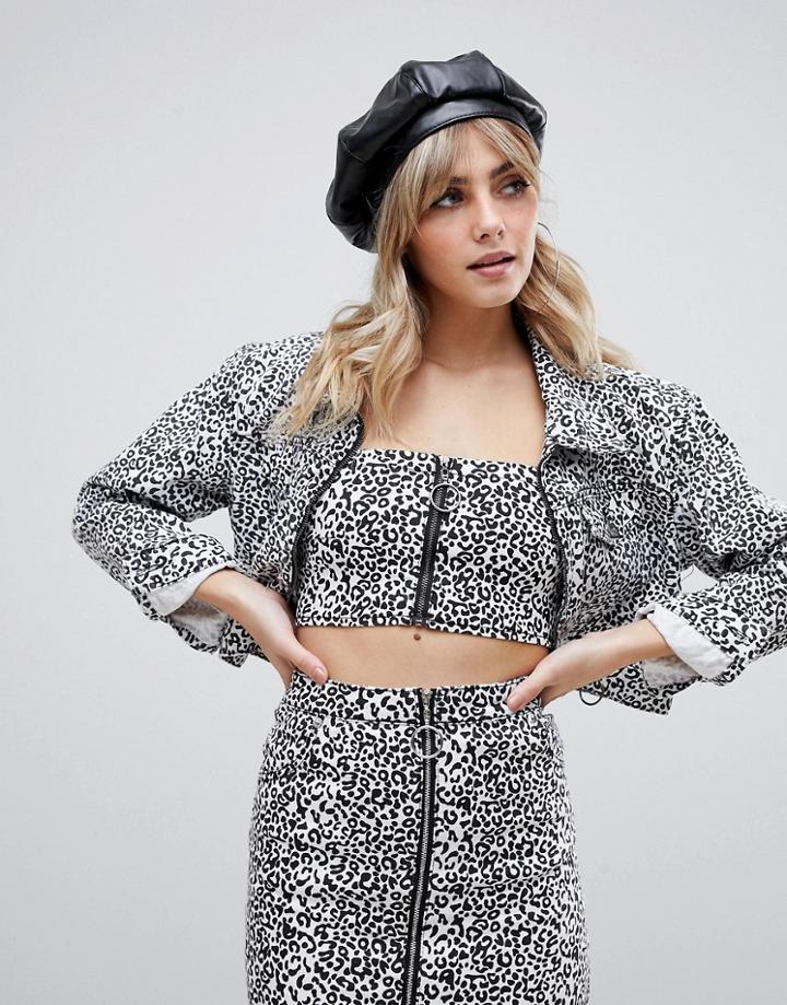 Liquor N Poker Leopard Print Cropped Denim Jacket - Multi
