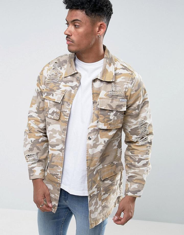 Liquor & Poker Sand Camo Denim Jacket Long Line Rips - Beige
