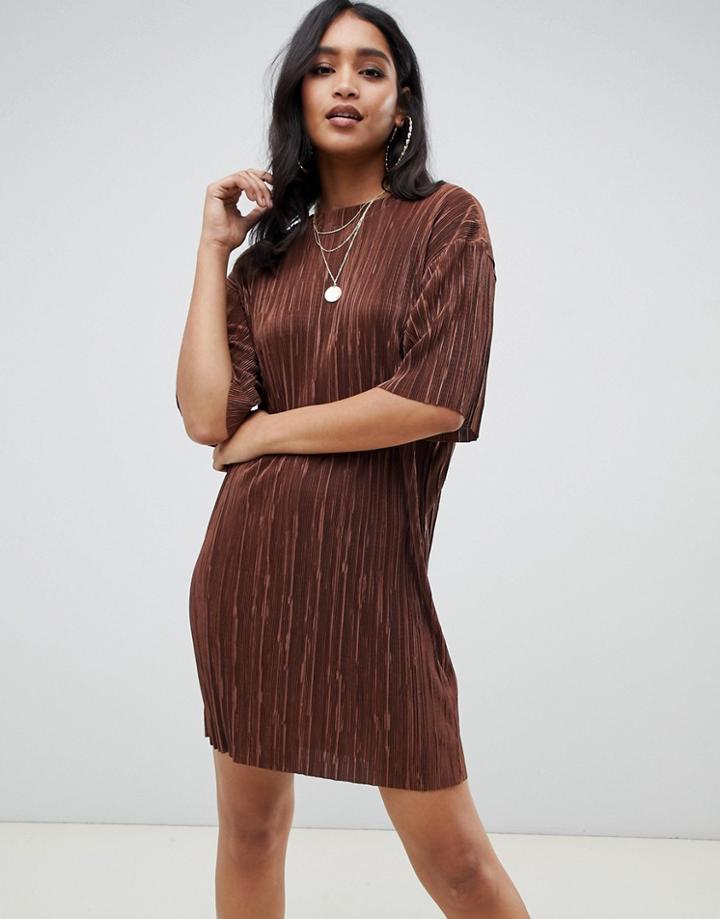 Asos Design Mini T-shirt Dress In Plisse - Brown