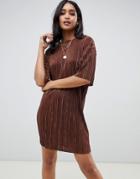 Asos Design Mini T-shirt Dress In Plisse - Brown