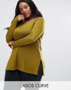 Asos Curve Top With Off Shoulder In Rib - Green