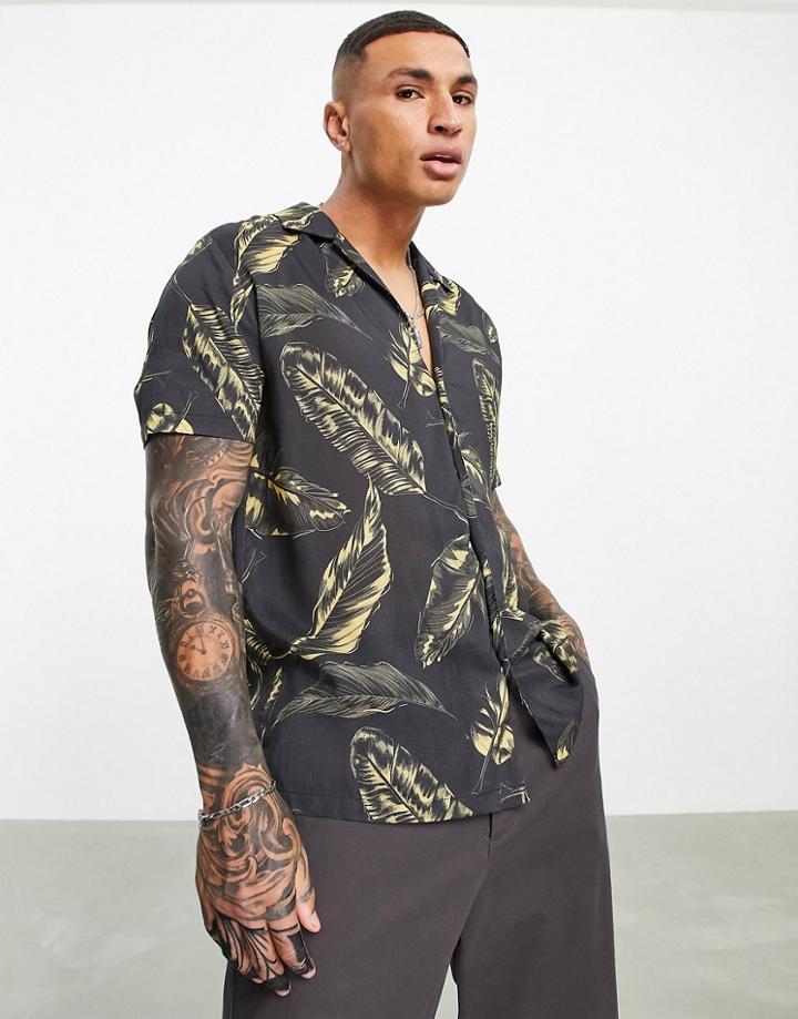 Topman Deep V Feather Print Viscose Shirt In Black
