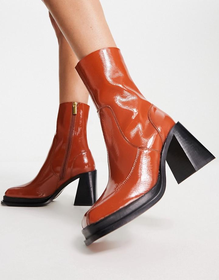 Asos Design Restore Leather Mid-heel Boots In Tan Patent-brown