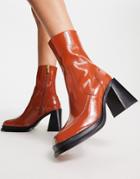 Asos Design Restore Leather Mid-heel Boots In Tan Patent-brown