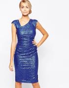 City Goddess Sequin Midi Dress With Asymmetric Neckline - Blue