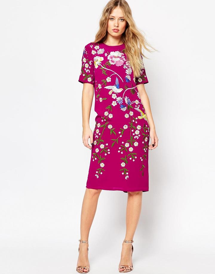 Asos Bird And Floral Embroidered Shift Dress - Red