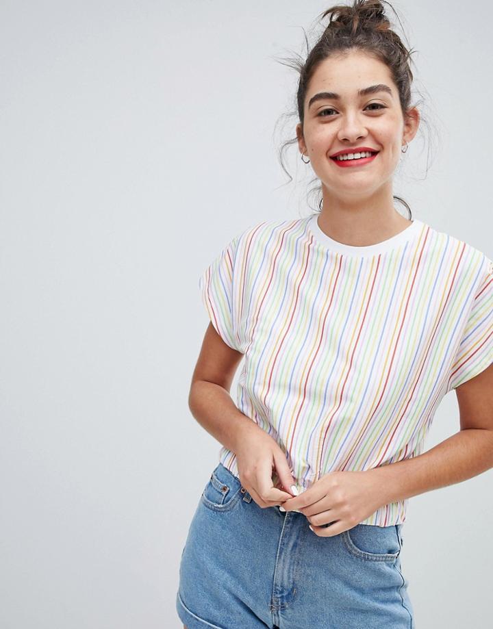 Asos Design Top With Elasticated Hem In Rainbow Stripe - Multi