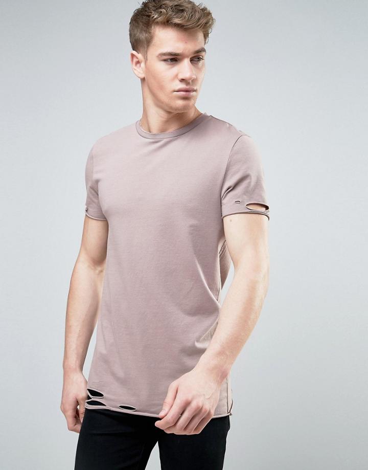 Asos Longline Muscle T-shirt With Slash Distress In Pink - Pink
