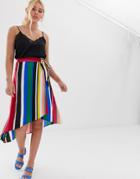 Qed London Button Through Midi Skirt In Rainbow Stripe - Multi