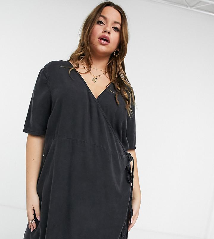 Asos Design Curve Soft Denim Wrap Smock Dress In Black