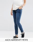 Asos Maternity Petite Ridley Skinny Jean In Midwash With Over The Bump Waistband - Blue