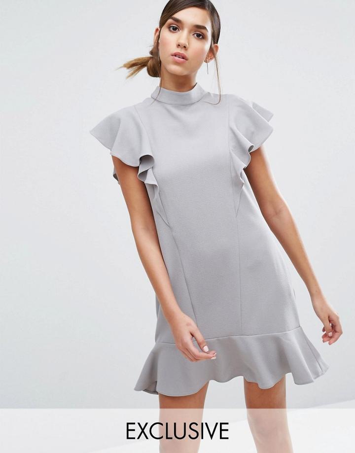 Closet London Ruffle Dress With Peplum Hem - Gray