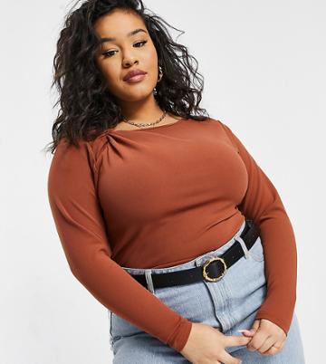 Fashion Union Plus Long Sleeve Top With Twist Neck-orange
