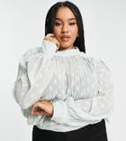 Asos Design Curve High Neck Sheer Top With Tie Back Detail In Textured Fabric-blues